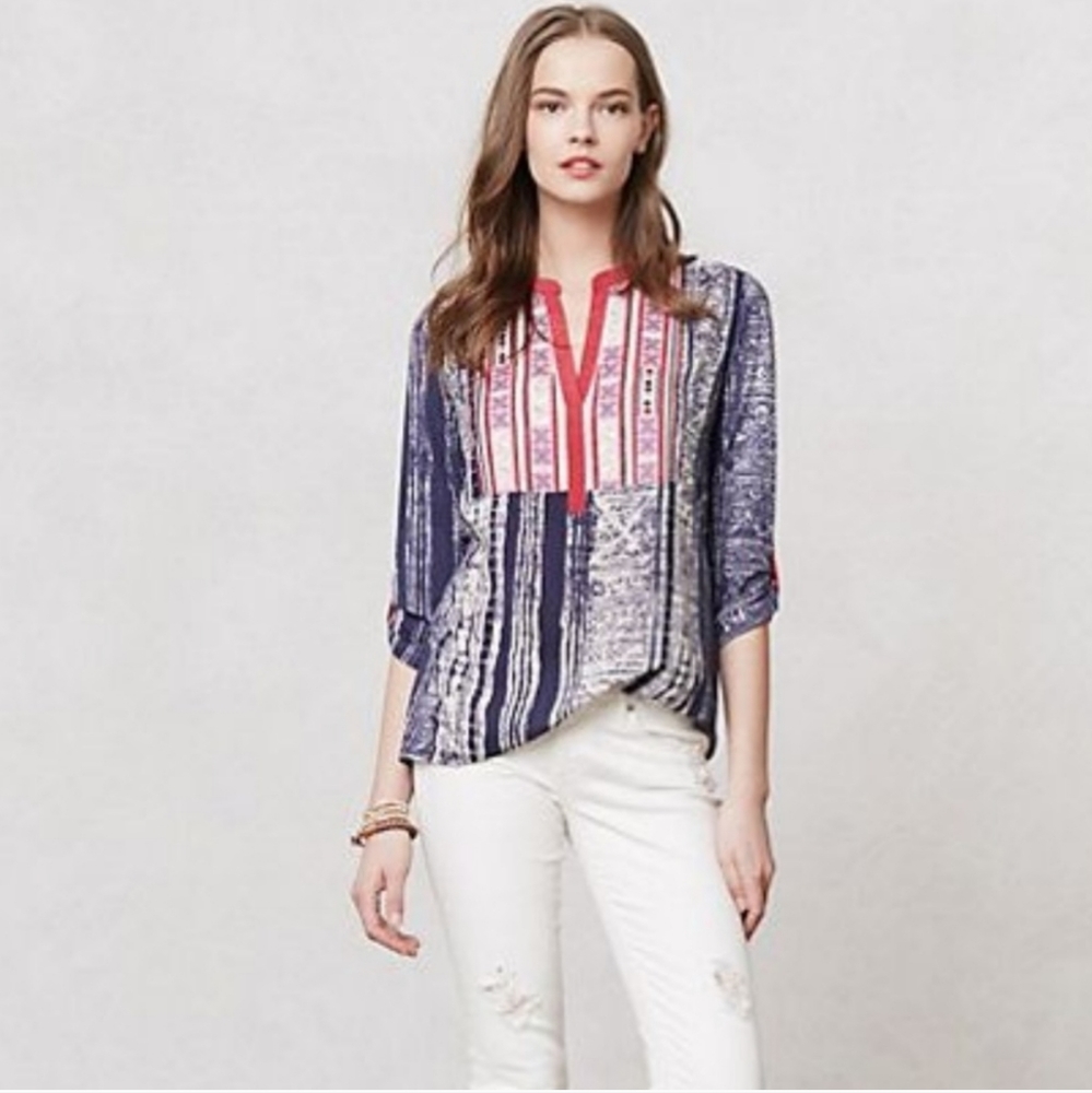 Anthropologie Navy and Pink Patterned Split-Neck Blouse